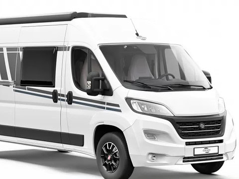 Weiße Wohnmobil-Front mit schwarzen Designelementen.